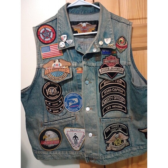Vintage 90s Men’s Harley Davidson Denim Vest Large Patches 33 Patches + Pins - Picture 15 of 16